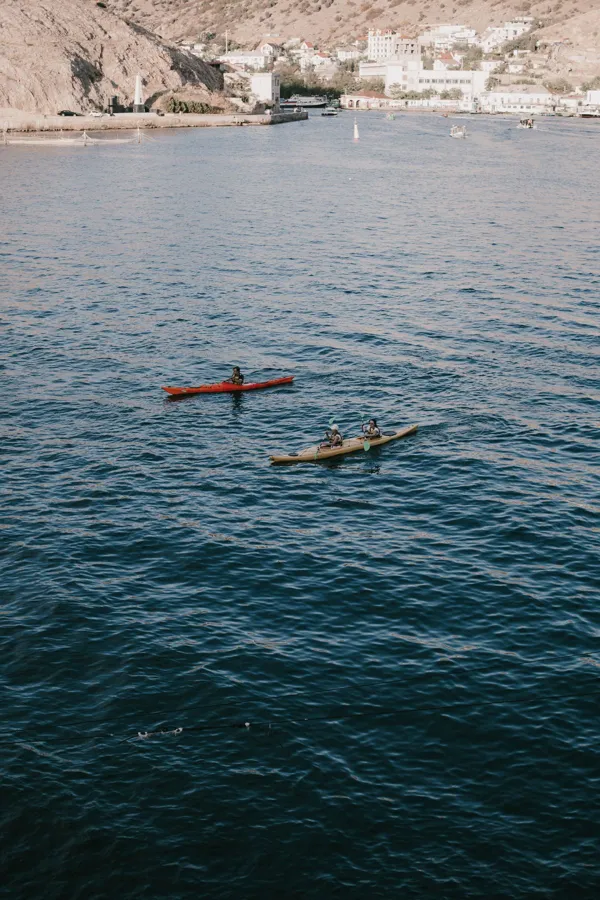 Aerial view of kayakers enjoying leisure activities on a calm sea with a coastal backdrop.
