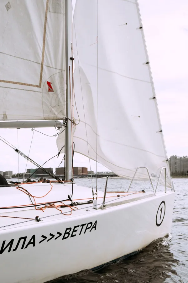 A dynamic shot of a sailboat in action with city skyline in background.