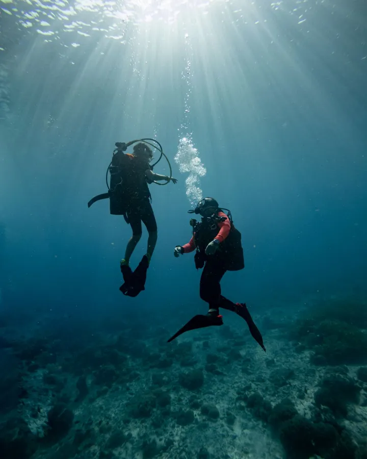 Two scuba divers underwater in rays of sunlight