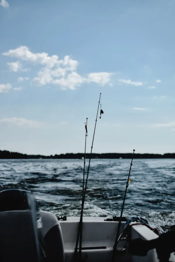 Fishing rods set up on a motorboat at sea