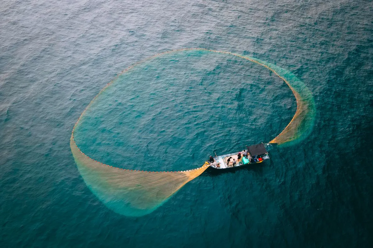 A boat casting a large fishing net in the ocean, seen from above