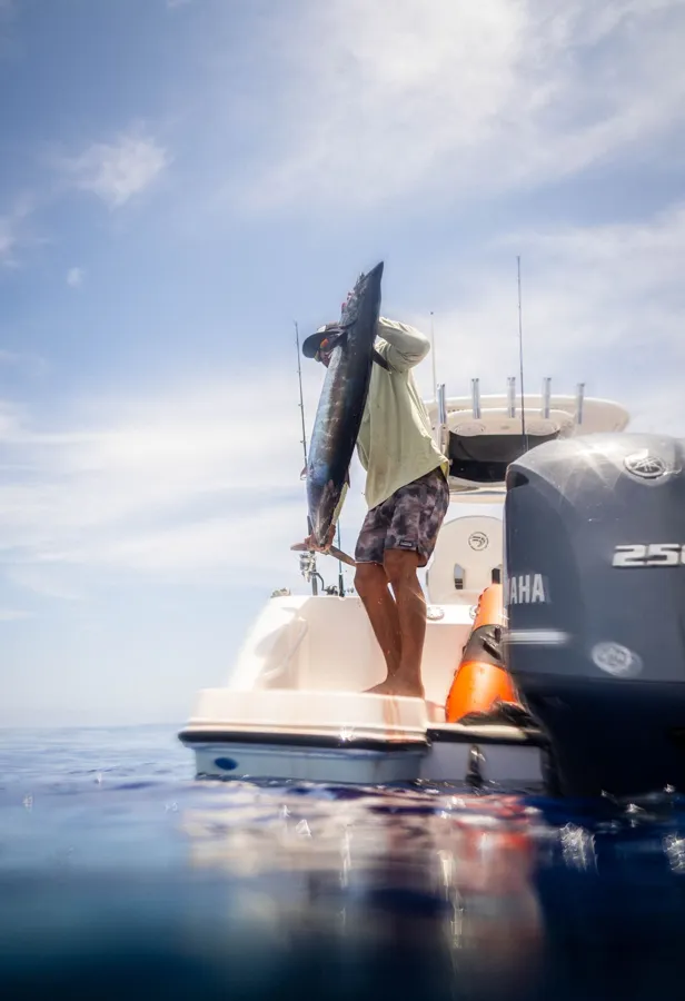 A fisherman holding a large fish at the back of a boat