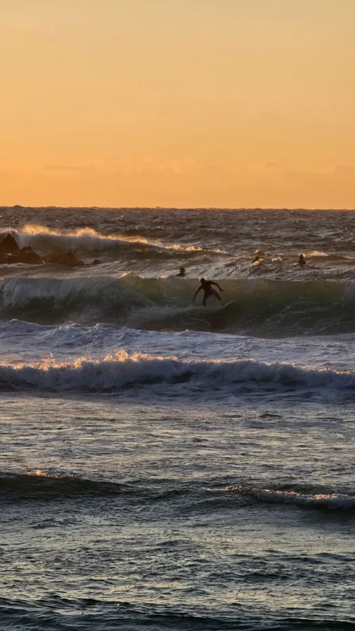 Surfers riding waves at sunset beside rocks