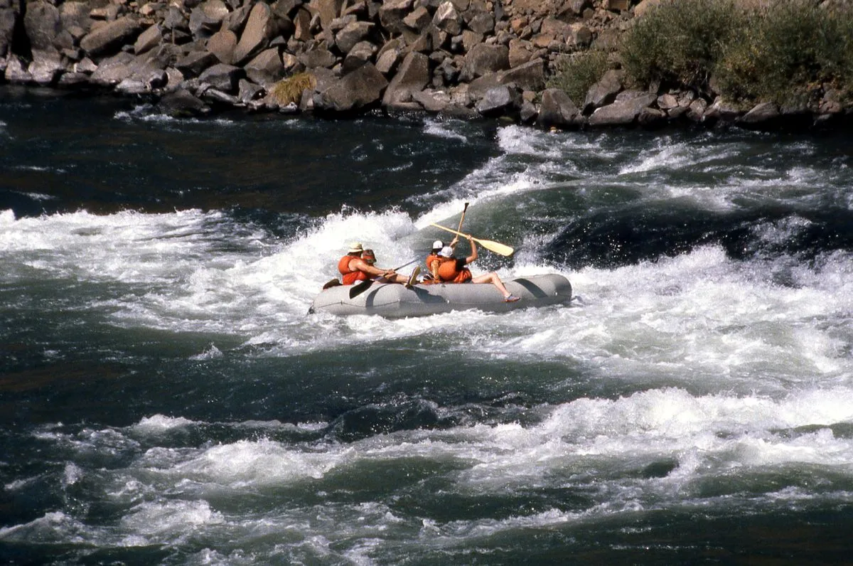 A group white water rafting on a river in Oregon.